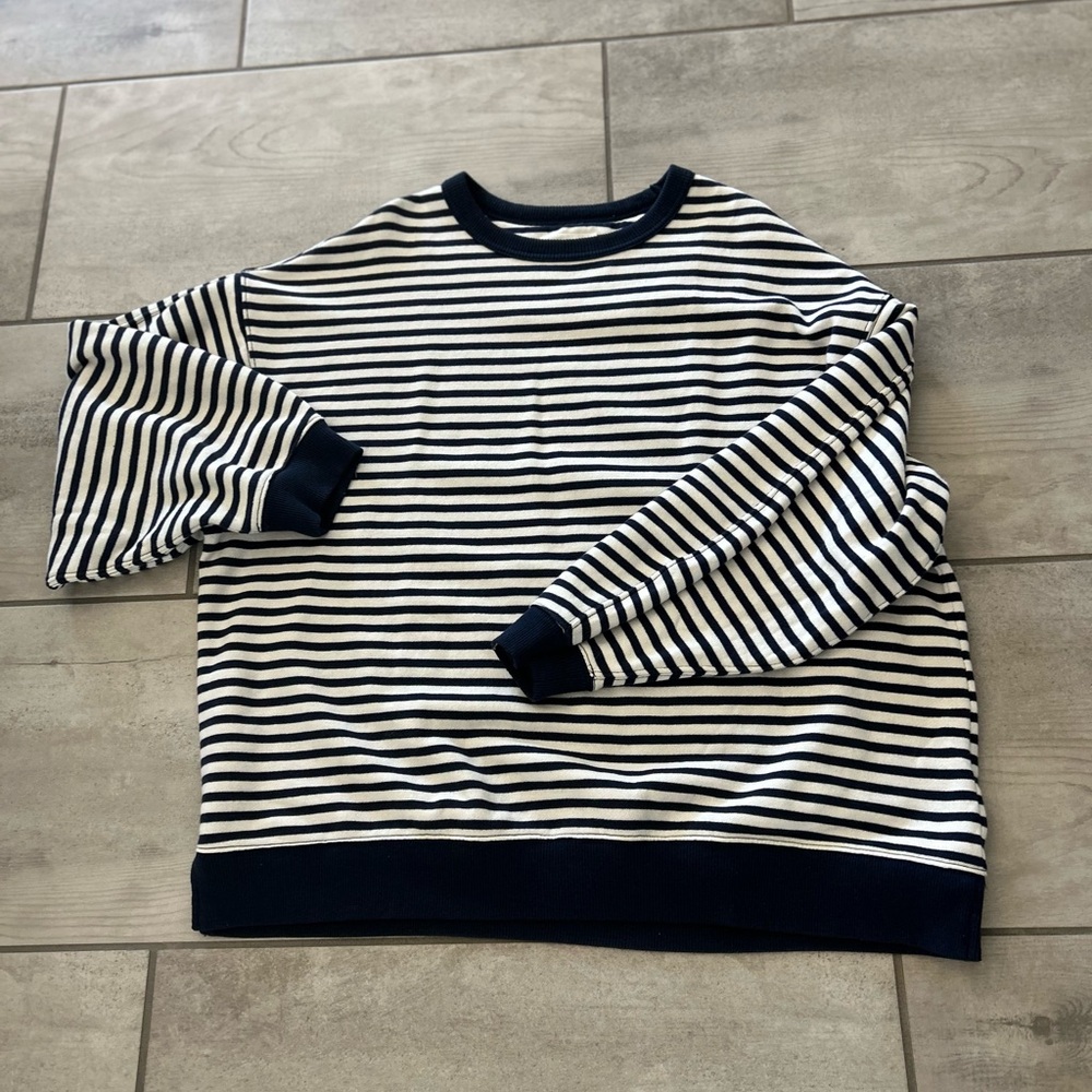 NWT AERIE Women's Tres Chic Large Blue/White Striped Pullover Sweatshirt